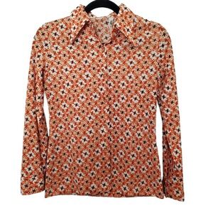 Vintage 1970s Orange & Brown Polyester Shirt Alex Colman Small Geometric Design
